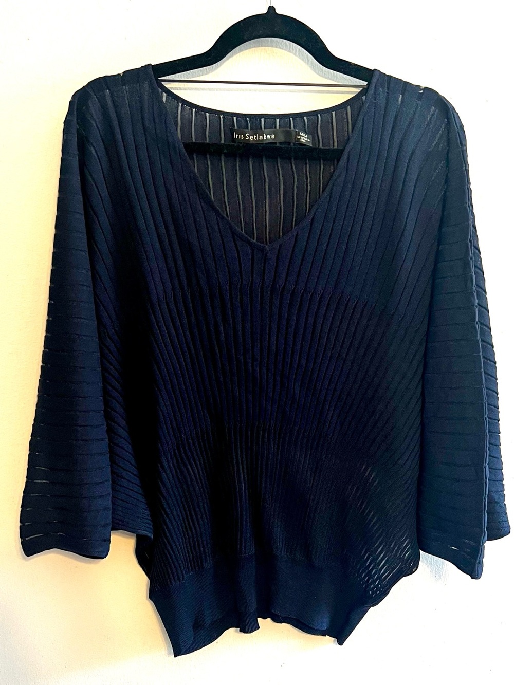 Iris Setlakwe Navy Ribbed V-Neck Sheer Knit Dolman Sleeve Top M